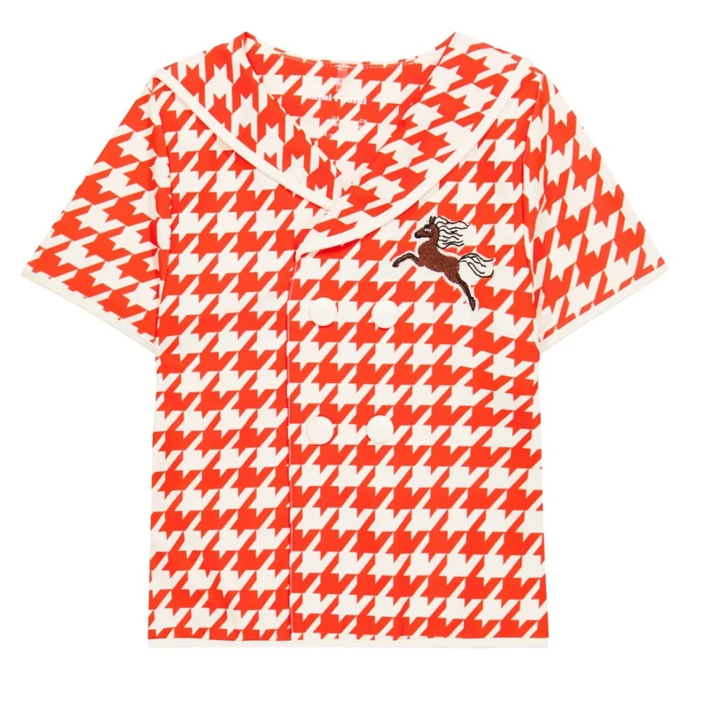Red houndstooth rashguard sailor top with a horse size 128-134 (7-9yo) - Picture 1 of 8